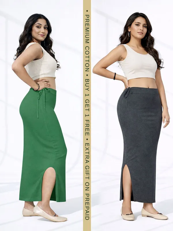 Buy_1_Get_1_Premium_Green_And_Grey_Cotton_Blend_Saree_Petticoat_For_Women_Stretchable_Fishcut_Shapewear_Underskirt