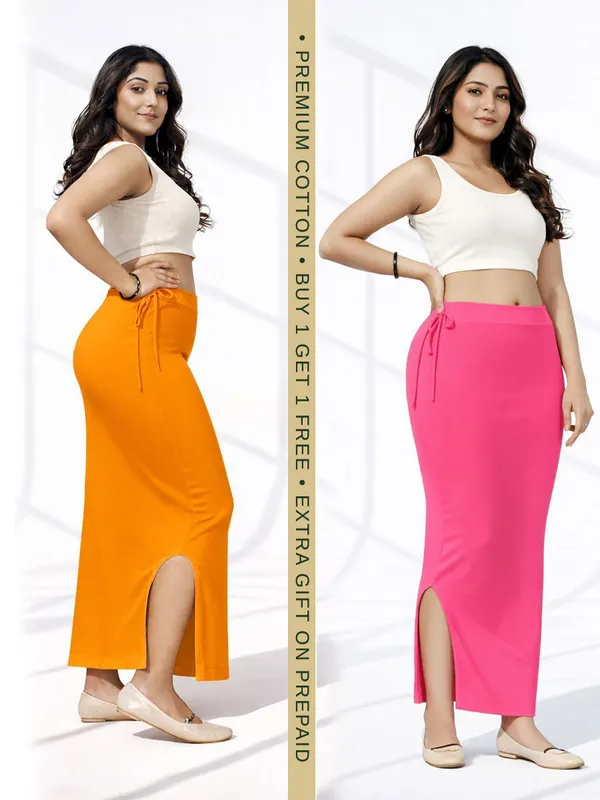 Buy_1_Get_1_Premium_Orange_And_Pink_Cotton_Blend_Saree_Petticoat_For_Women_Stretchable_Fishcut_Shapewear_Underskirt