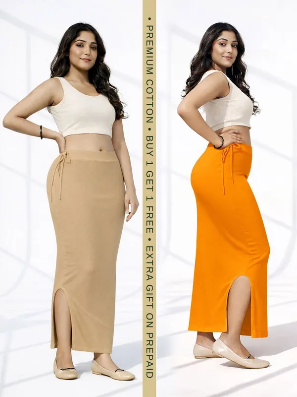 Buy_1_Get_1_Premium_Chikoo_And_Mustard_Cotton_Blend_Saree_Petticoat_For_Women_Stretchable_Fishcut_Shapewear_Underskirt