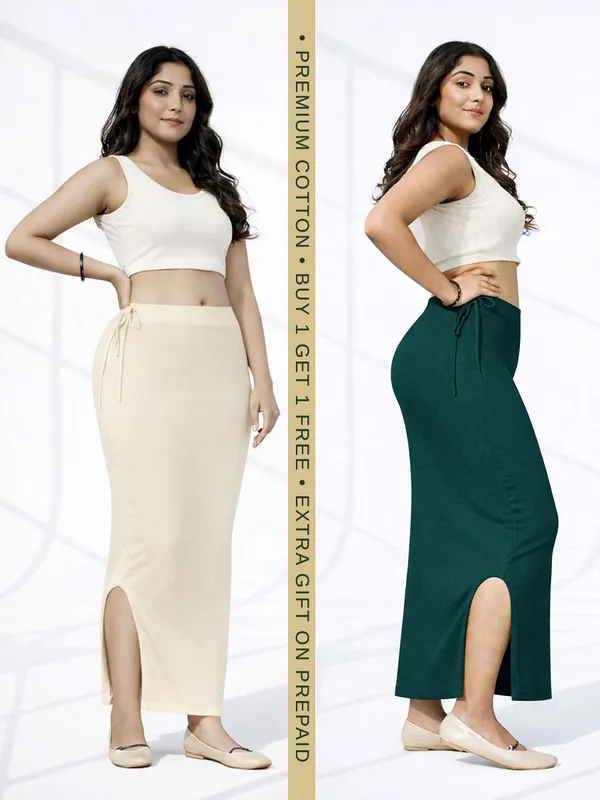 Buy_1_Get_1_Premium_Beige_And_Dark_Green_Cotton_Blend_Saree_Petticoat_For_Women_Stretchable_Fishcut_Shapewear_Underskirt