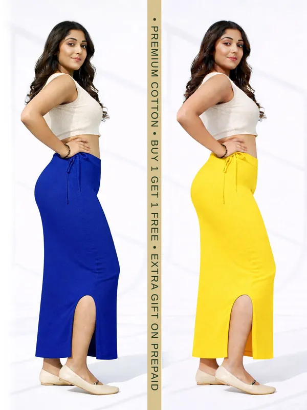 Buy_1_Get_1_Premium_Navy_Blue_And_Yellow_Cotton_Blend_Saree_Petticoat_For_Women_Stretchable_Fishcut_Shapewear_Underskirt
