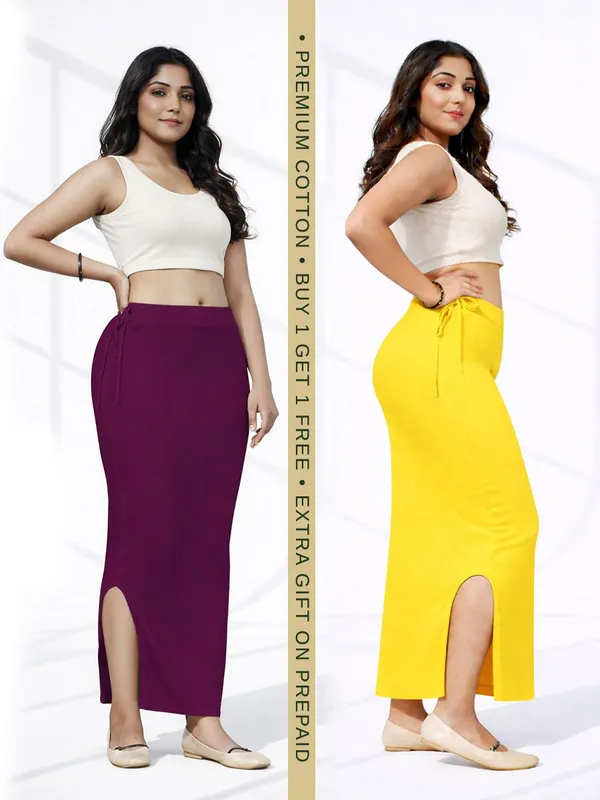 Buy_1_Get_1_Premium_Wine_And_Yellow_Cotton_Blend_Saree_Petticoat_For_Women_Stretchable_Fishcut_Shapewear_Underskirt