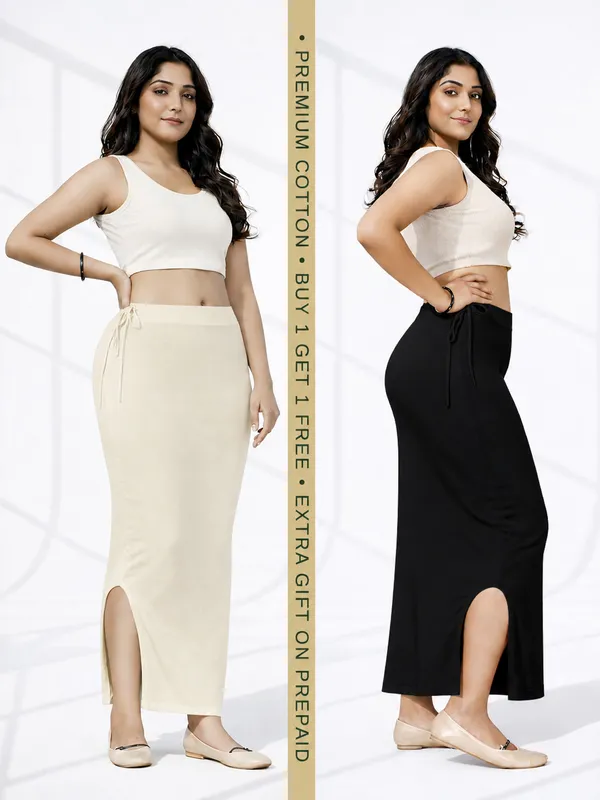 Buy_1_Get_1_Premium_Beige_And_Black_Cotton_Blend_Saree_Petticoat_For_Women_Stretchable_Fishcut_Shapewear_Underskirt