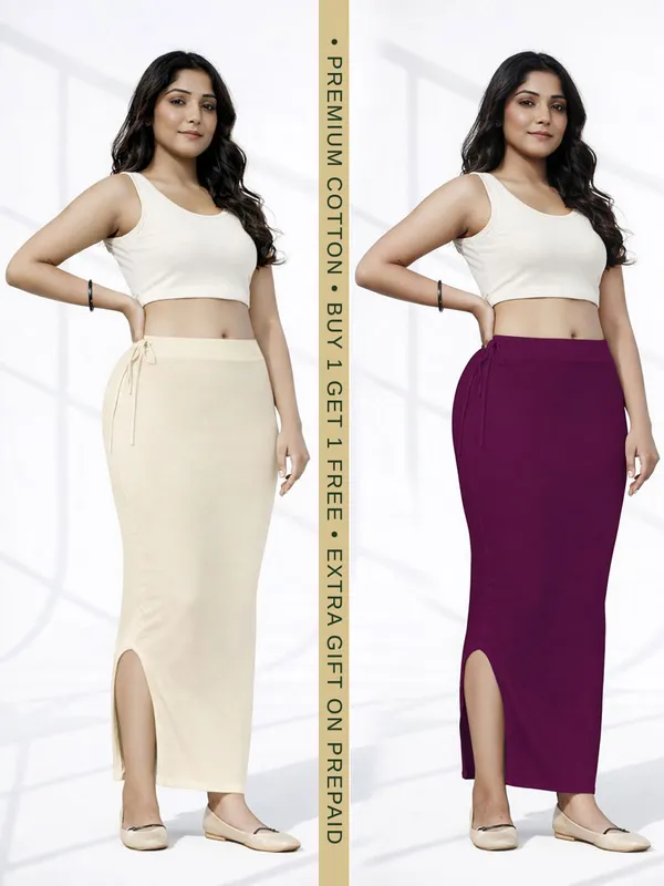 Buy_1_Get_1_Premium_Beige_And_Wine_Cotton_Blend_Saree_Petticoat_For_Women_Stretchable_Fishcut_Shapewear_Underskirt