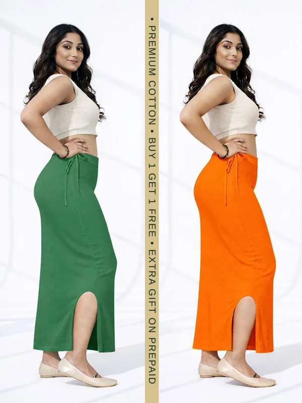 Buy_1_Get_1_Premium_Green_And_Orange_Cotton_Blend_Saree_Petticoat_For_Women_Stretchable_Fishcut_Shapewear_Underskirt