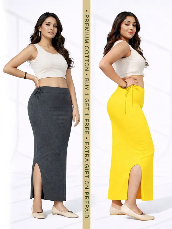 Buy_1_Get_1_Premium_Grey_And_Yellow_Cotton_Blend_Saree_Petticoat_For_Women_Stretchable_Fishcut_Shapewear_Underskirt