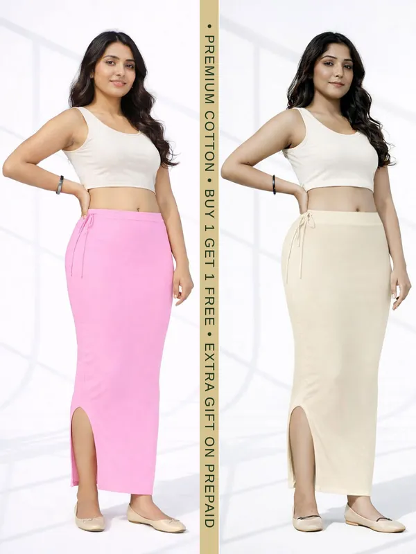 Buy_1_Get_1_Premium_Baby_Pink_And_Beige_Cotton_Blend_Saree_Petticoat_For_Women_Stretchable_Fishcut_Shapewear_Underskirt