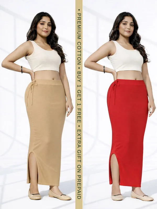 Buy_1_Get_1_Premium_Chikoo_And_Red_Cotton_Blend_Saree_Petticoat_For_Women_Stretchable_Fishcut_Shapewear_Underskirt