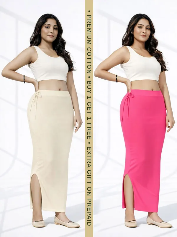 Buy_1_Get_1_Premium_Beige_And_Pink_Cotton_Blend_Saree_Petticoat_For_Women_Stretchable_Fishcut_Shapewear_Underskirt