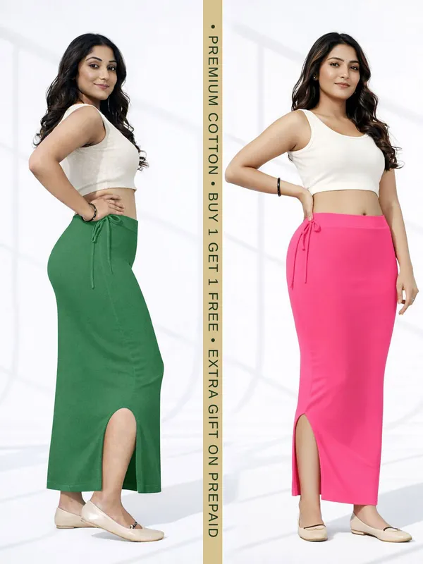 Buy_1_Get_1_Premium_Green_And_Pink_Cotton_Blend_Saree_Petticoat_For_Women_Stretchable_Fishcut_Shapewear_Underskirt