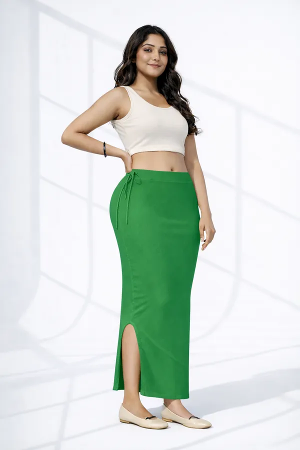 Buy_1_Get_1_Premium_Green_And_Pink_Cotton_Blend_Saree_Petticoat_For_Women_Stretchable_Fishcut_Shapewear_Underskirt