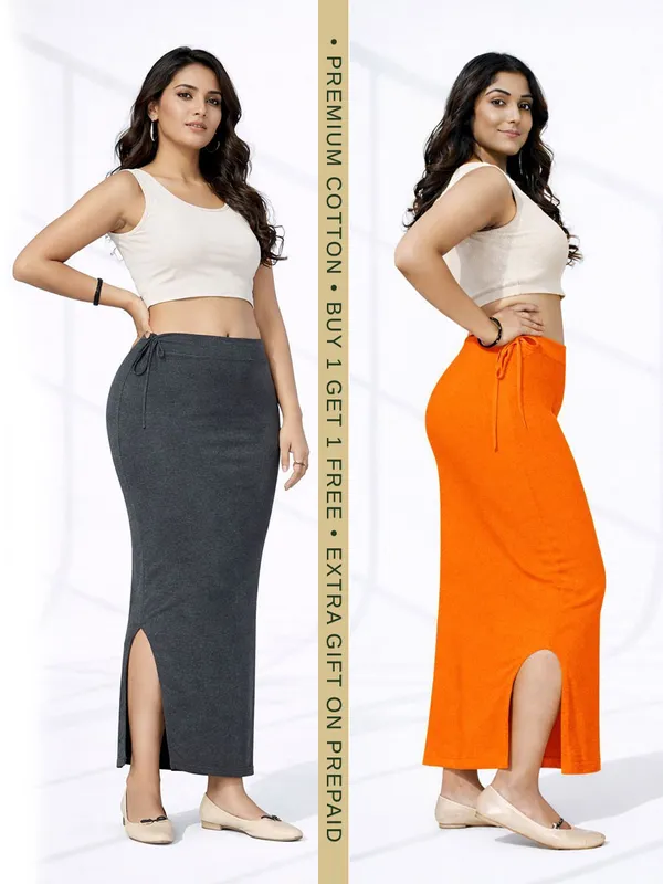 Buy_1_Get_1_Premium_Grey_And_Orange_Cotton_Blend_Saree_Petticoat_For_Women_Stretchable_Fishcut_Shapewear_Underskirt