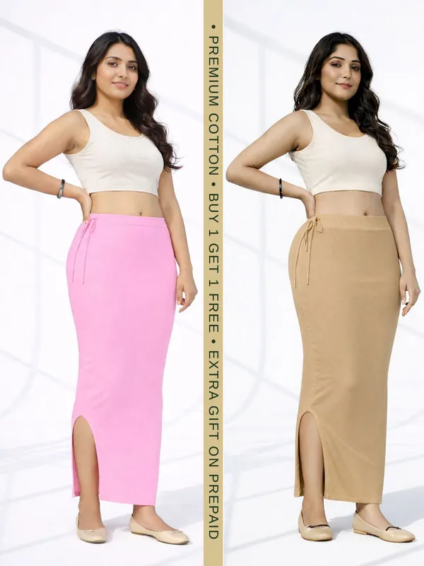Buy_1_Get_1_Premium_Baby_Pink_And_Chikoo_Cotton_Blend_Saree_Petticoat_For_Women_Stretchable_Fishcut_Shapewear_Underskirt