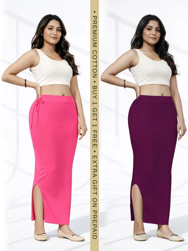 Buy_1_Get_1_Premium_Pink_And_Wine_Cotton_Blend_Saree_Petticoat_For_Women_Stretchable_Fishcut_Shapewear_Underskirt
