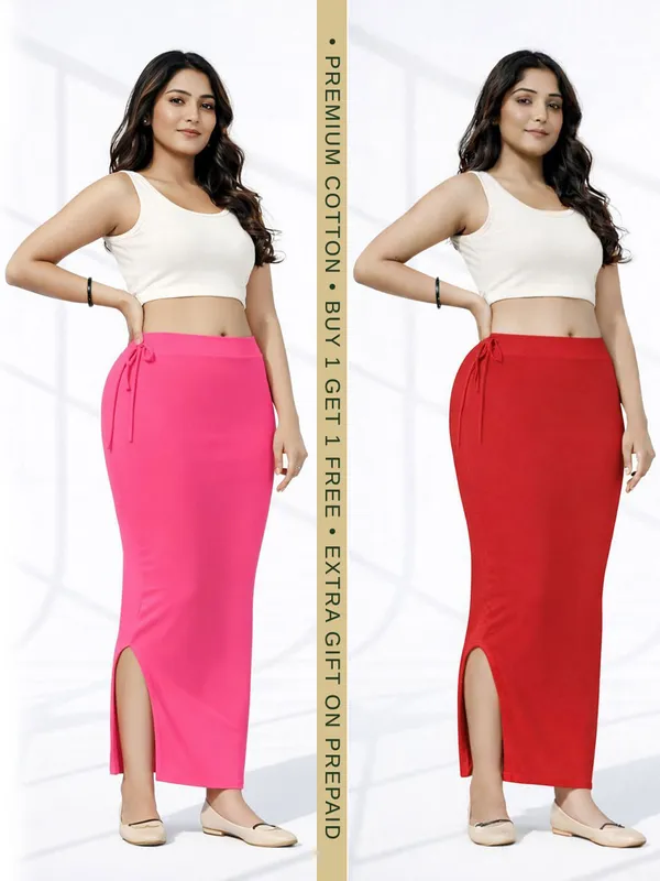 Buy_1_Get_1_Premium_Pink_And_Red_Cotton_Blend_Saree_Petticoat_For_Women_Stretchable_Fishcut_Shapewear_Underskirt