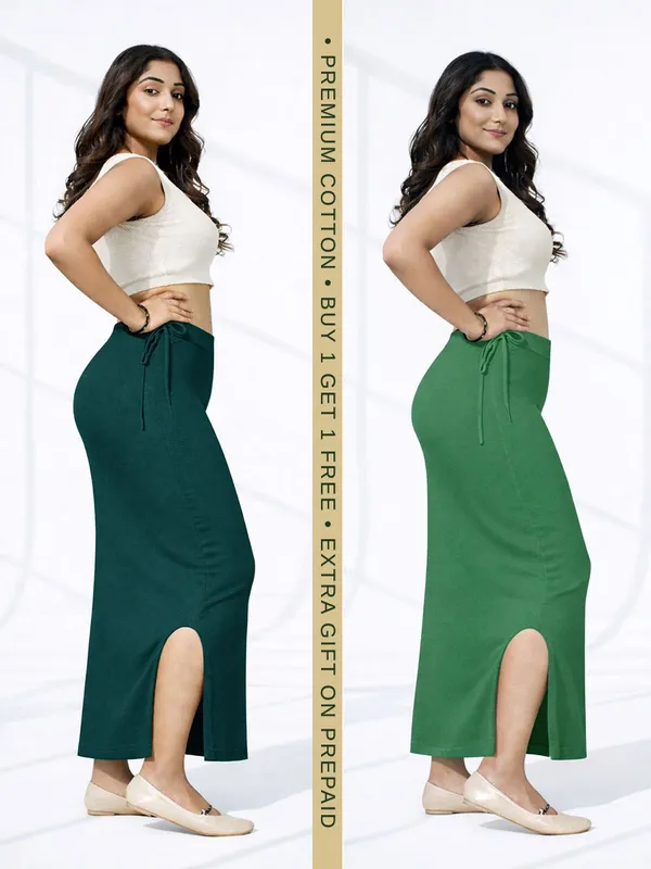 Buy_1_Get_1_Premium_Dark_Green_And_Green_Cotton_Blend_Saree_Petticoat_For_Women_Stretchable_Fishcut_Shapewear_Underskirt