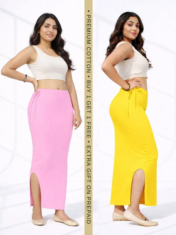 Buy_1_Get_1_Premium_Baby_Pink_And_Yellow_Cotton_Blend_Saree_Petticoat_For_Women_Stretchable_Fishcut_Shapewear_Underskirt