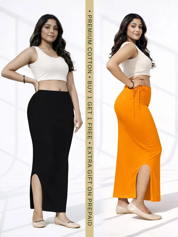 Buy_1_Get_1_Premium_Black_And_Mustard_Cotton_Blend_Saree_Petticoat_For_Women_Stretchable_Fishcut_Shapewear_Underskirt