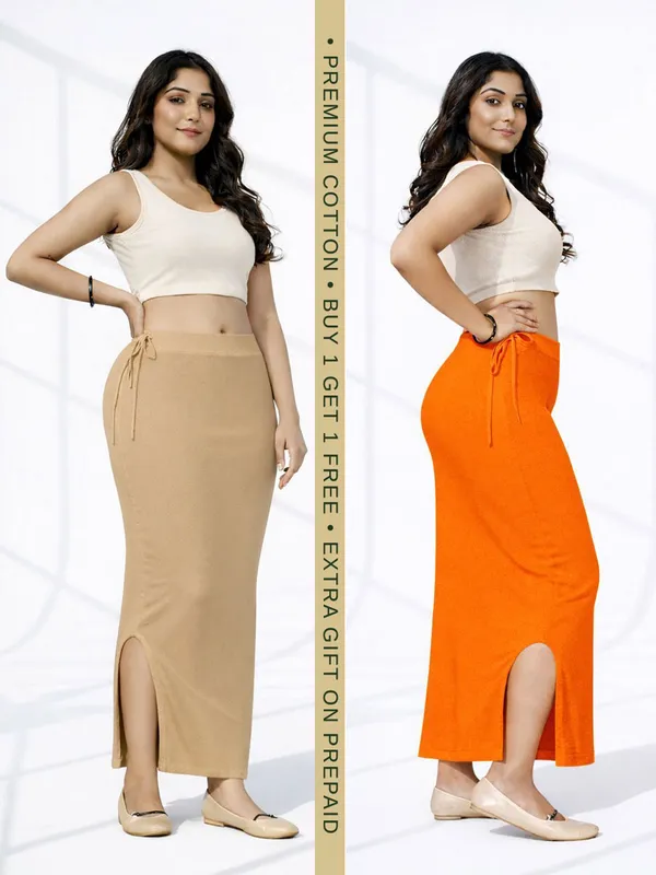Buy_1_Get_1_Premium_Chikoo_And_Orange_Cotton_Blend_Saree_Petticoat_For_Women_Stretchable_Fishcut_Shapewear_Underskirt