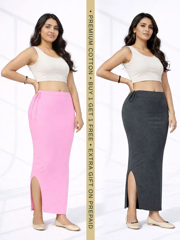 Buy_1_Get_1_Premium_Baby_Pink_And_Grey_Cotton_Blend_Saree_Petticoat_For_Women_Stretchable_Fishcut_Shapewear_Underskirt