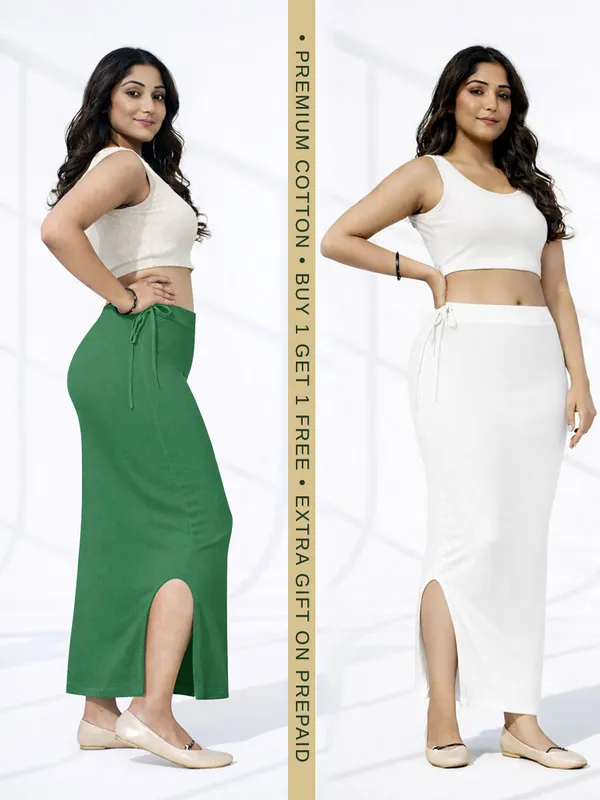Buy_1_Get_1_Premium_Green_And_White_Cotton_Blend_Saree_Petticoat_For_Women_Stretchable_Fishcut_Shapewear_Underskirt