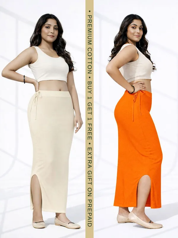 Buy_1_Get_1_Premium_Beige_And_Orange_Cotton_Blend_Saree_Petticoat_For_Women_Stretchable_Fishcut_Shapewear_Underskirt