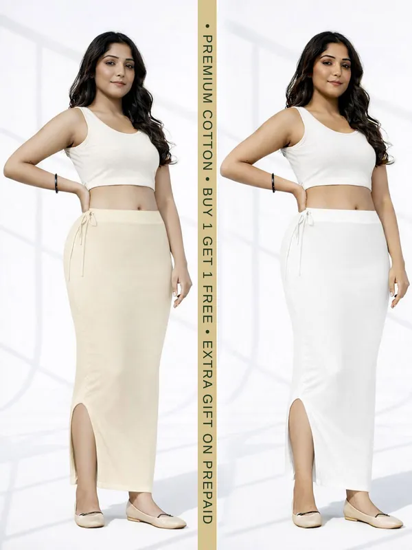 Buy_1_Get_1_Premium_Beige_And_White_Cotton_Blend_Saree_Petticoat_For_Women_Stretchable_Fishcut_Shapewear_Underskirt