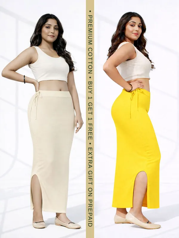 Buy_1_Get_1_Premium_Beige_And_Yellow_Cotton_Blend_Saree_Petticoat_For_Women_Stretchable_Fishcut_Shapewear_Underskirt