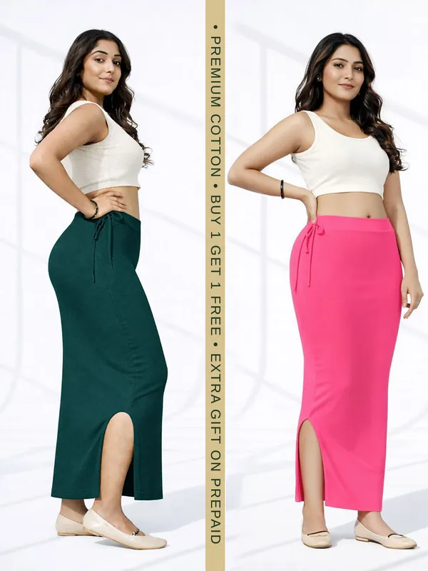 Buy_1_Get_1_Premium_Dark_Green_And_Pink_Cotton_Blend_Saree_Petticoat_For_Women_Stretchable_Fishcut_Shapewear_Underskirt