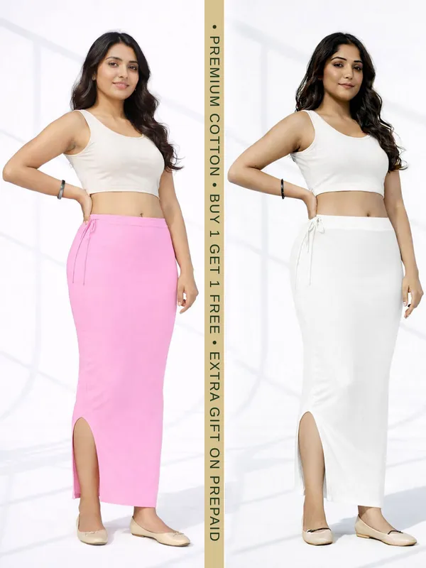 Buy_1_Get_1_Premium_Baby_Pink_And_White_Cotton_Blend_Saree_Petticoat_For_Women_Stretchable_Fishcut_Shapewear_Underskirt