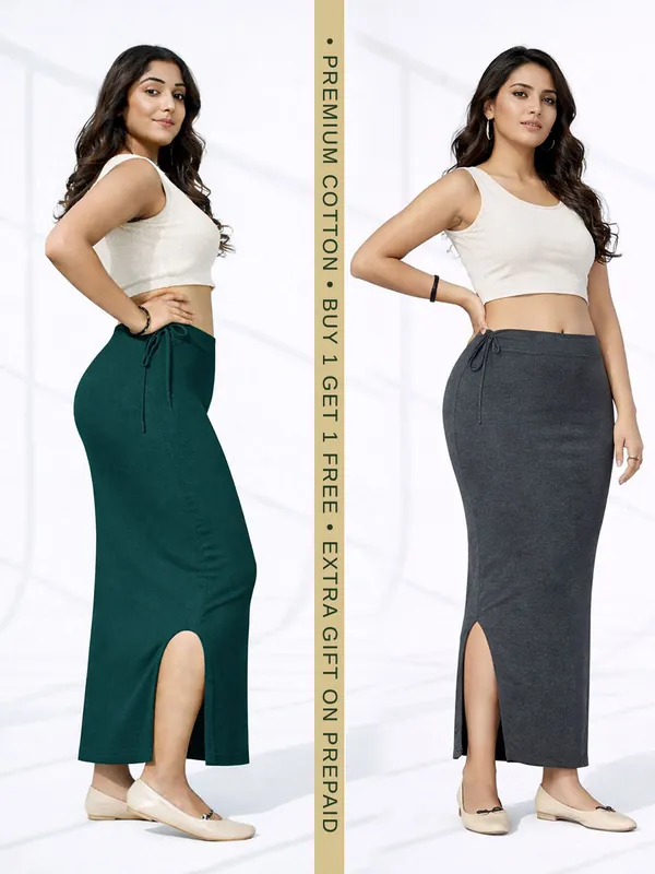 Buy_1_Get_1_Premium_Dark_Green_And_Grey_Cotton_Blend_Saree_Petticoat_For_Women_Stretchable_Fishcut_Shapewear_Underskirt