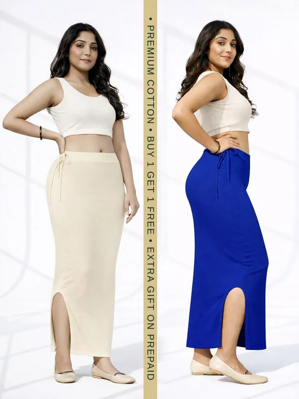 Buy_1_Get_1_Premium_Beige_And_Navy_Blue_Cotton_Blend_Saree_Petticoat_For_Women_Stretchable_Fishcut_Shapewear_Underskirt