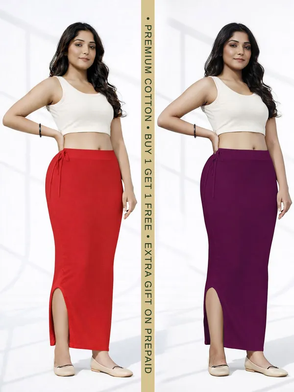 Buy_1_Get_1_Premium_Red_And_Wine_Cotton_Blend_Saree_Petticoat_For_Women_Stretchable_Fishcut_Shapewear_Underskirt