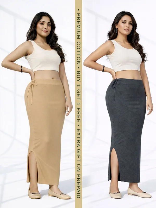 Buy_1_Get_1_Premium_Chikoo_And_Grey_Cotton_Blend_Saree_Petticoat_For_Women_Stretchable_Fishcut_Shapewear_Underskirt
