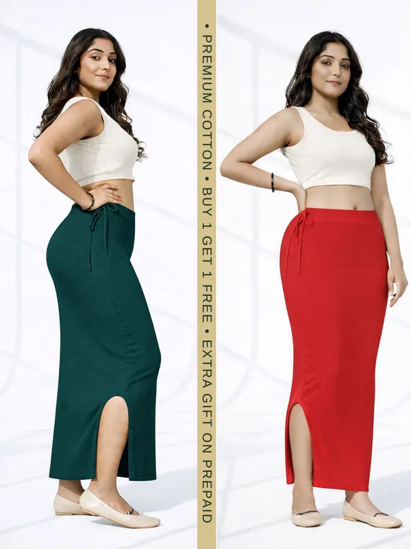 Buy_1_Get_1_Premium_Dark_Green_And_Red_Cotton_Blend_Saree_Petticoat_For_Women_Stretchable_Fishcut_Shapewear_Underskirt
