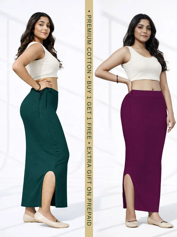 Buy_1_Get_1_Premium_Dark_Green_And_Wine_Cotton_Blend_Saree_Petticoat_For_Women_Stretchable_Fishcut_Shapewear_Underskirt