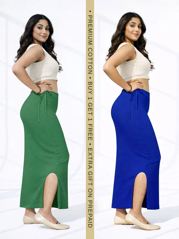 Buy_1_Get_1_Premium_Green_And_Navy_Blue_Cotton_Blend_Saree_Petticoat_For_Women_Stretchable_Fishcut_Shapewear_Underskirt