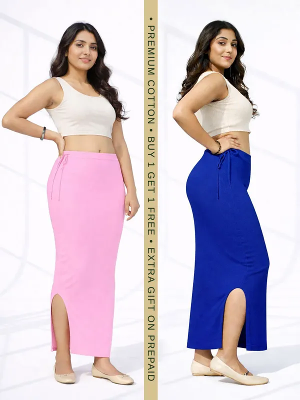 Buy_1_Get_1_Premium_Baby_Pink_And_Navy_Blue_Cotton_Blend_Saree_Petticoat_For_Women_Stretchable_Fishcut_Shapewear_Underskirt