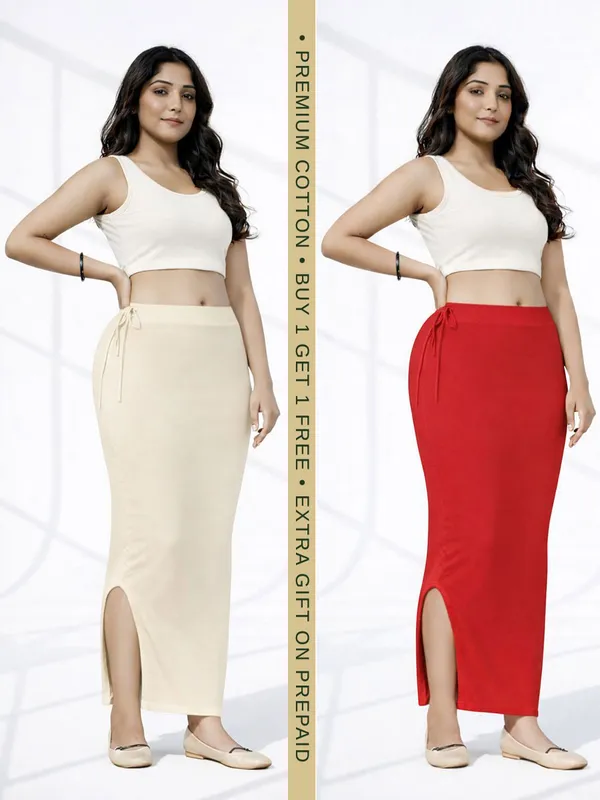 Buy_1_Get_1_Premium_Beige_And_Red_Cotton_Blend_Saree_Petticoat_For_Women_Stretchable_Fishcut_Shapewear_Underskirt