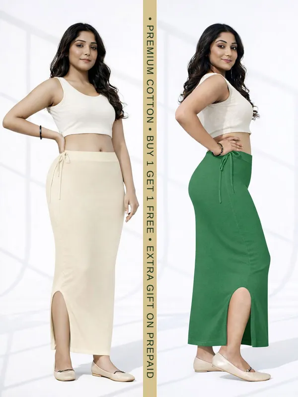Buy_1_Get_1_Premium_Beige_And_Green_Cotton_Blend_Saree_Petticoat_For_Women_Stretchable_Fishcut_Shapewear_Underskirt