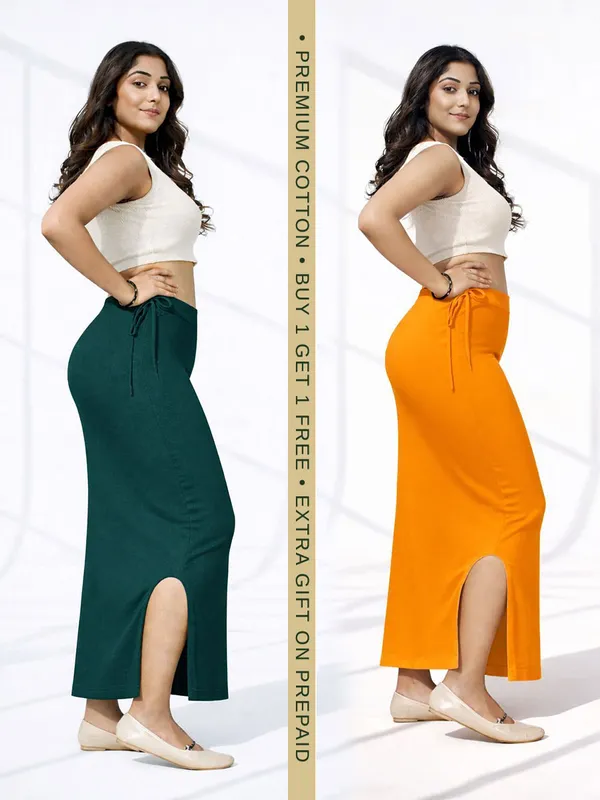 Buy_1_Get_1_Premium_Dark_Green_And_Mustard_Cotton_Blend_Saree_Petticoat_For_Women_Stretchable_Fishcut_Shapewear_Underskirt
