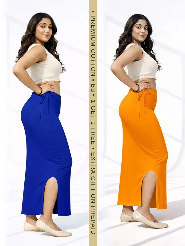Buy_1_Get_1_Premium_Navy_Blue_And_Orange_Cotton_Blend_Saree_Petticoat_For_Women_Stretchable_Fishcut_Shapewear_Underskirt