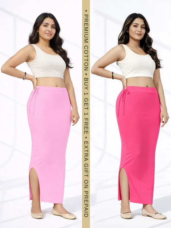 Buy_1_Get_1_Premium_Baby_Pink_And_Pink_Cotton_Blend_Saree_Petticoat_For_Women_Stretchable_Fishcut_Shapewear_Underskirt