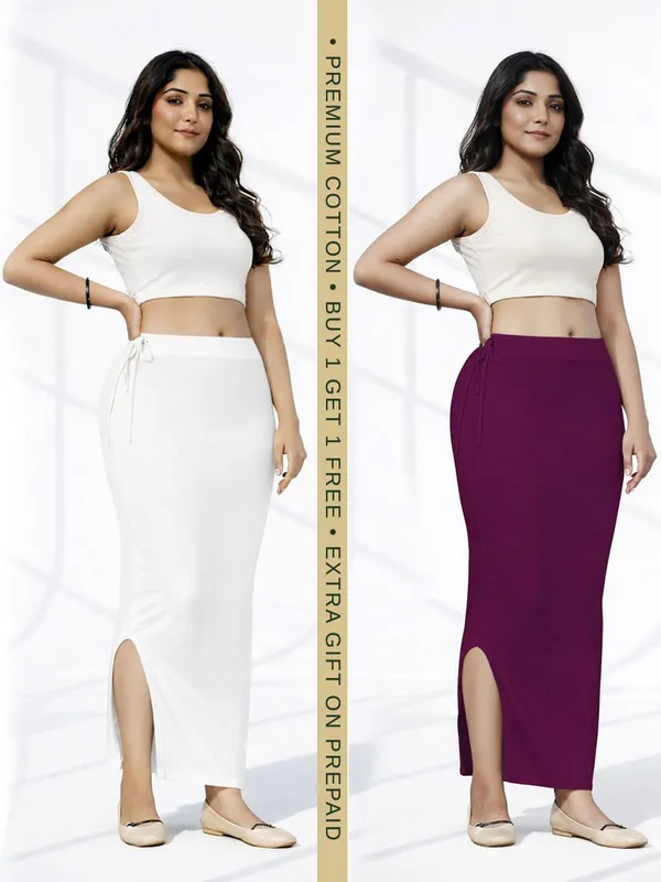 Buy_1_Get_1_Premium_White_And_Wine_Cotton_Blend_Saree_Petticoat_For_Women_Stretchable_Fishcut_Shapewear_Underskirt