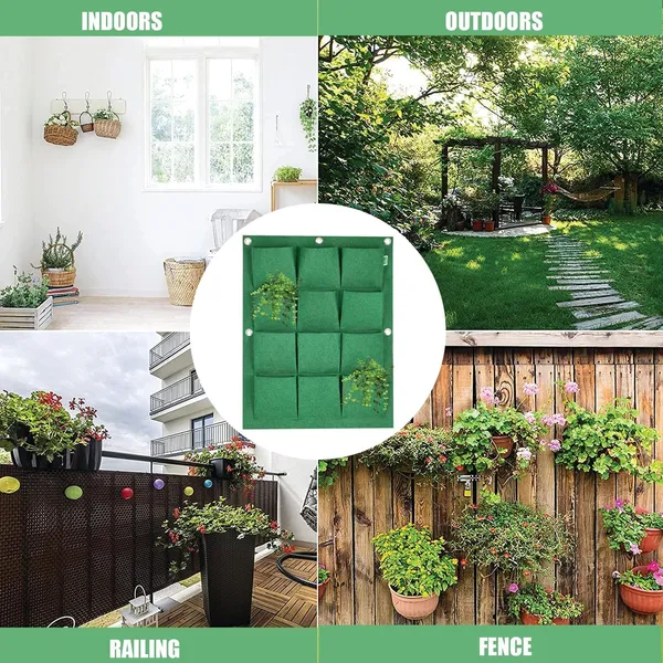 HYK_MART_Hanging_Grow_Bag_Non-Woven_Vertical_Wall_Planter_Suitable_for_Outdoor_&_Indoor_Gardening_Flower_Herbs_Container_with_12_Carry_Pouches_(12_Pockets,_Green,_400_GSM)