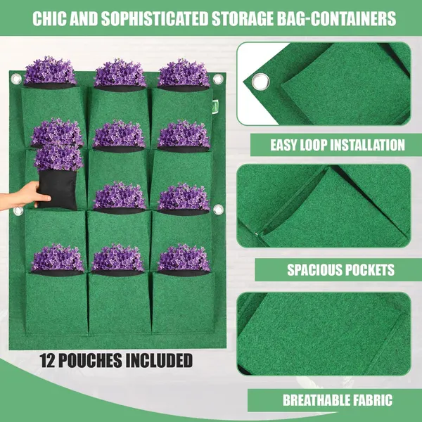 HYK_MART_Hanging_Grow_Bag_Non-Woven_Vertical_Wall_Planter_Suitable_for_Outdoor_&_Indoor_Gardening_Flower_Herbs_Container_with_12_Carry_Pouches_(12_Pockets,_Green,_400_GSM)