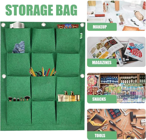 HYK_MART_Hanging_Grow_Bag_Non-Woven_Vertical_Wall_Planter_Suitable_for_Outdoor_&_Indoor_Gardening_Flower_Herbs_Container_with_12_Carry_Pouches_(12_Pockets,_Green,_400_GSM)
