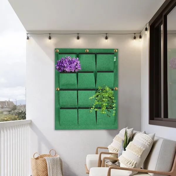 HYK_MART_Hanging_Grow_Bag_Non-Woven_Vertical_Wall_Planter_Suitable_for_Outdoor_&_Indoor_Gardening_Flower_Herbs_Container_with_12_Carry_Pouches_(12_Pockets,_Green,_400_GSM)