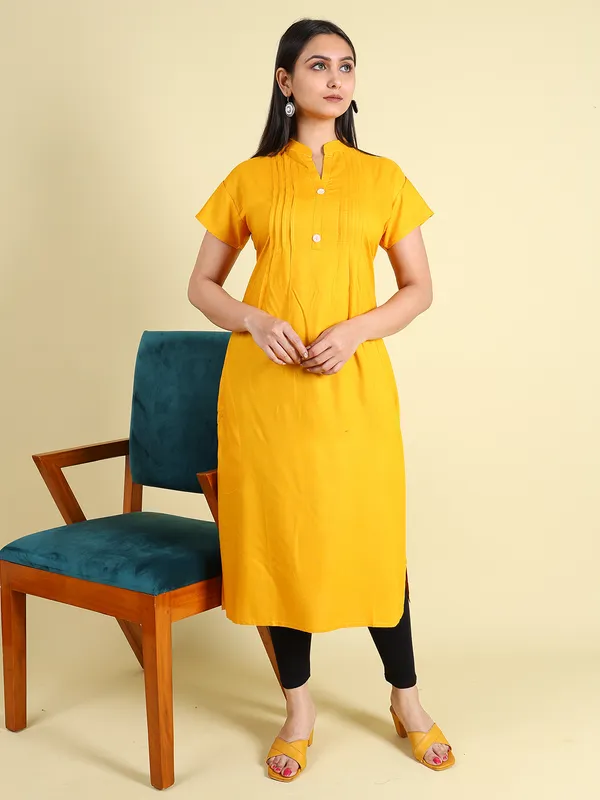 Yellow_Cotton_Rayon_Premium_Snowshine_Kurti_For_Women