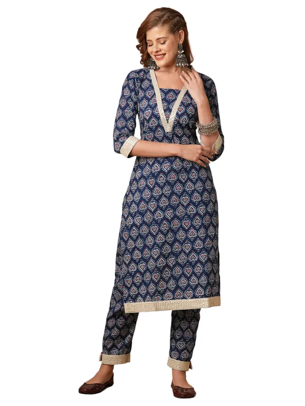 Indigo_Cotton_Blend_Premium_Glamour_Kurti_Set_For_Women